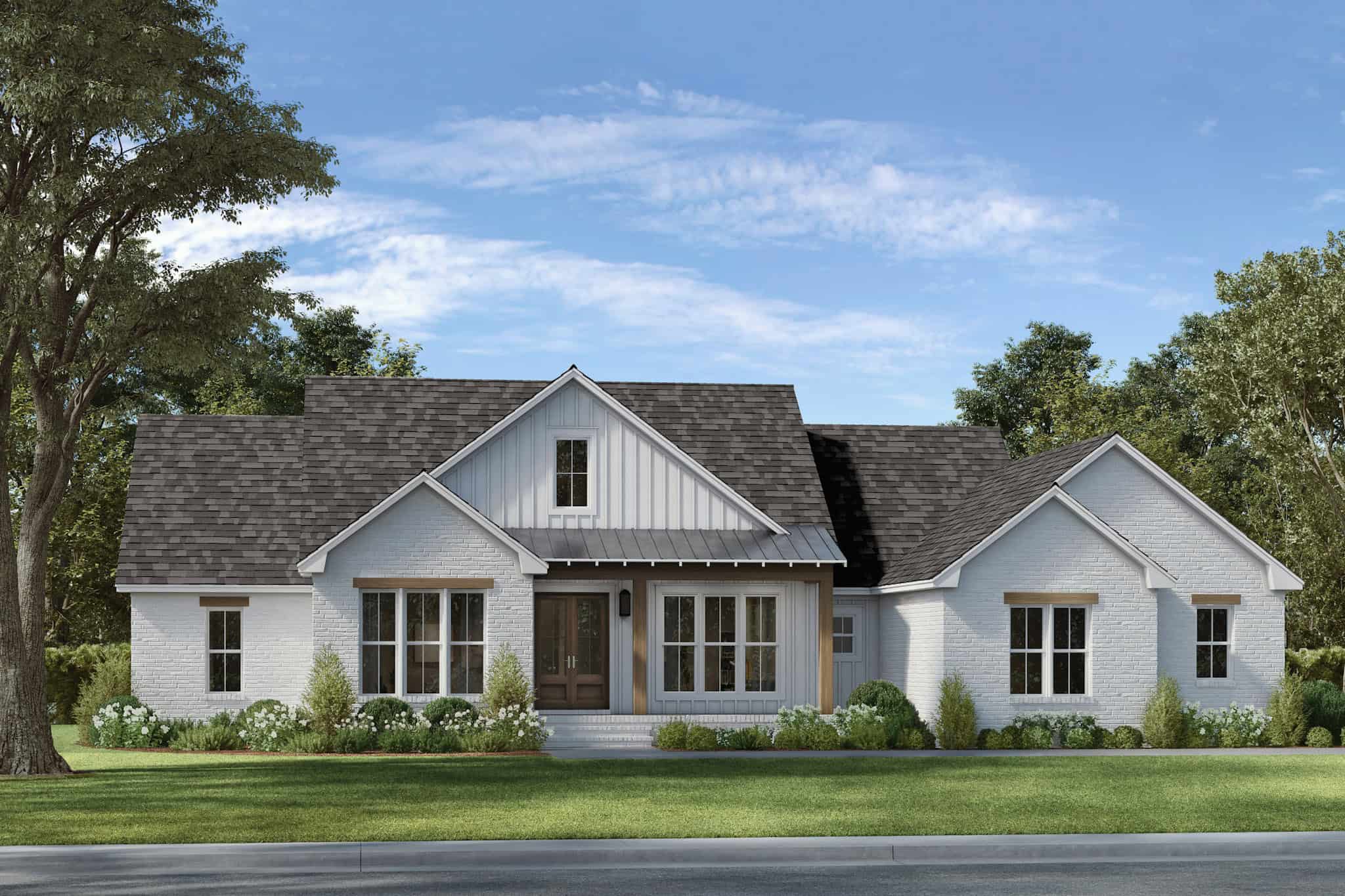 Front elevation of Modern Farmhouse home (ThePlanCollection: House Plan #142-1506)