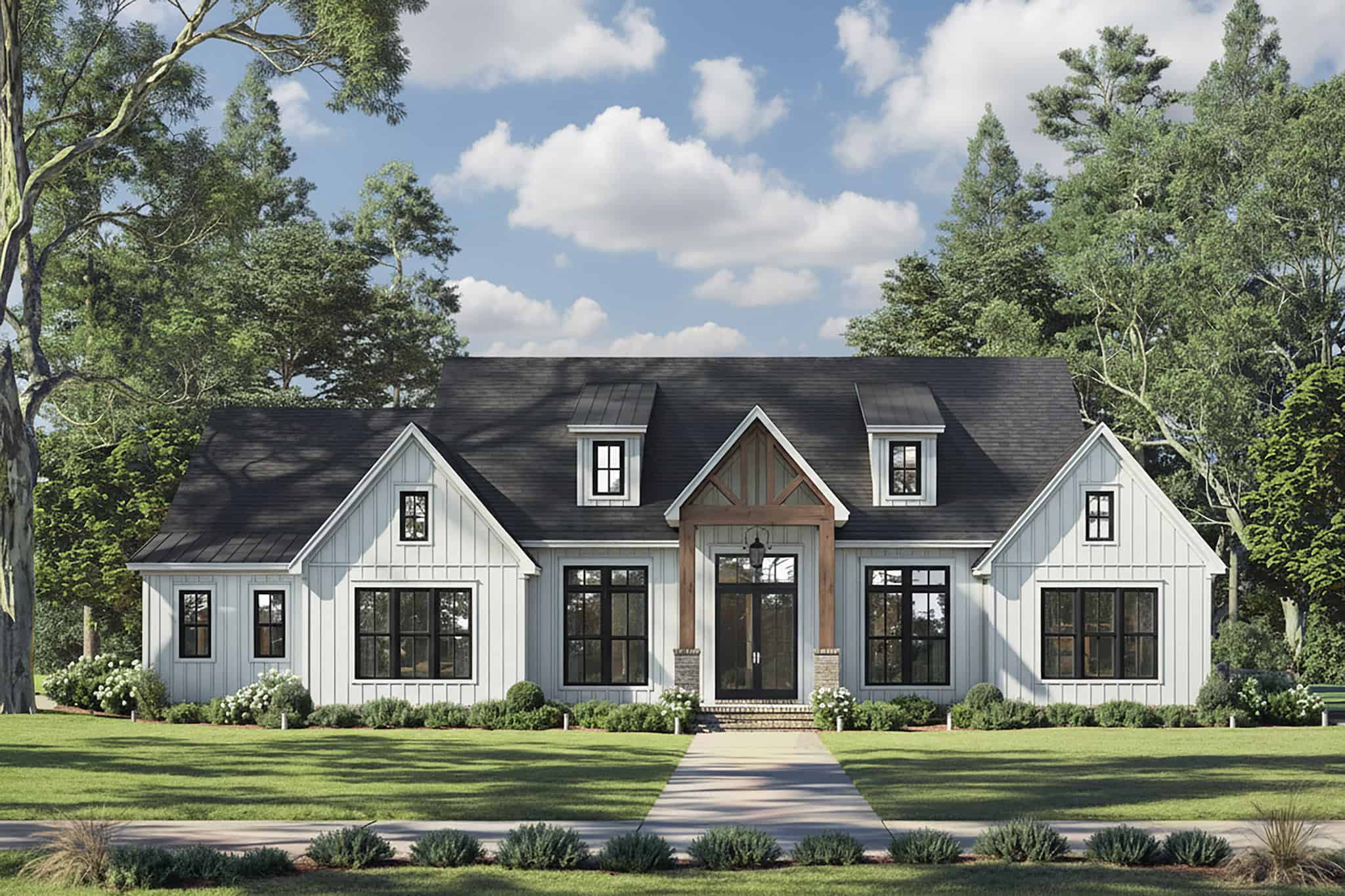 Front elevation of Modern Farmhouse home (ThePlanCollection: House Plan #142-1551)