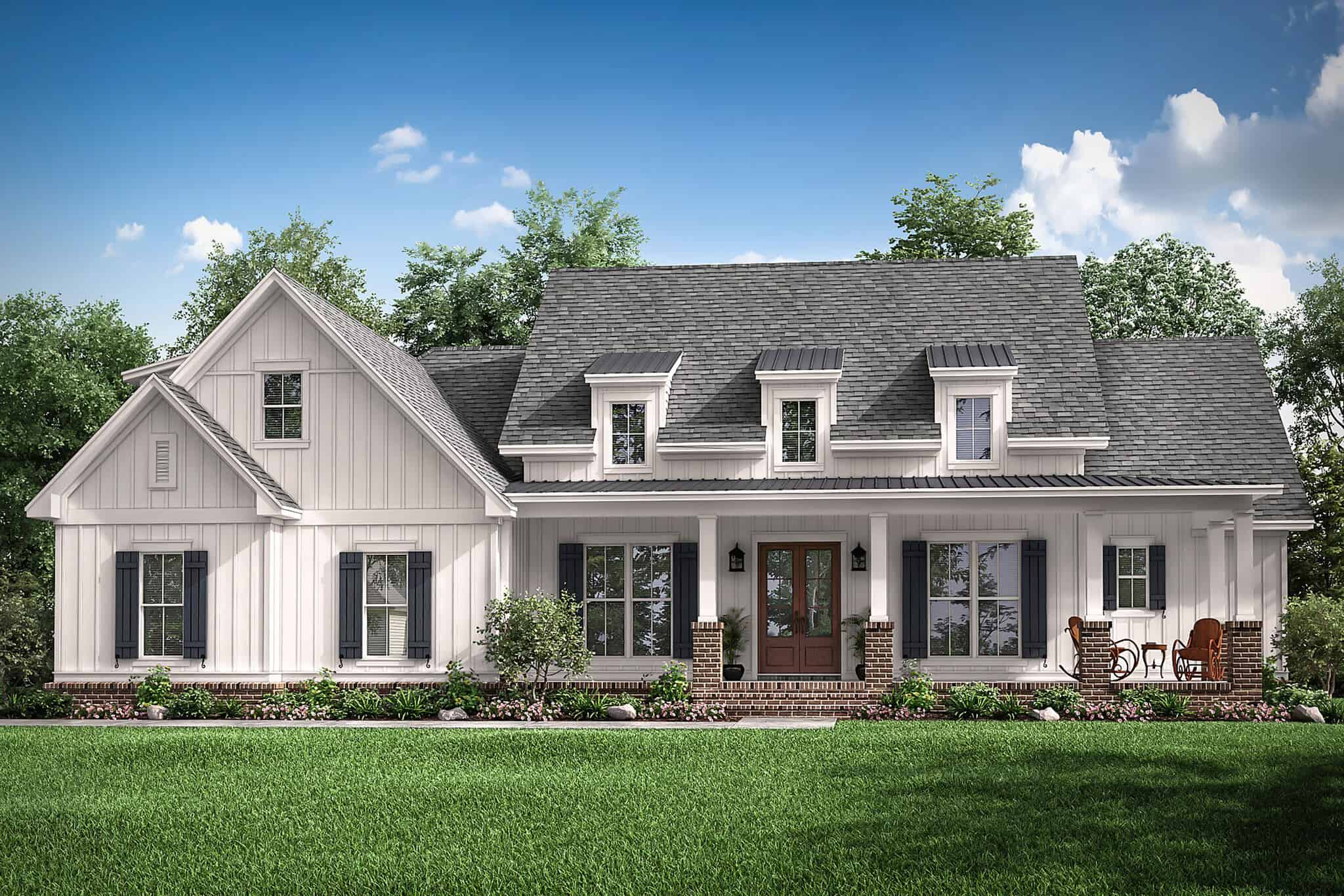 A Modern Farmhouse elevation with board-and-batten and brick siding, a gabled covered front porch, and a standing-seam metal accent roof. 3 beds, 2,570 sq ft — Plan #142-1576.