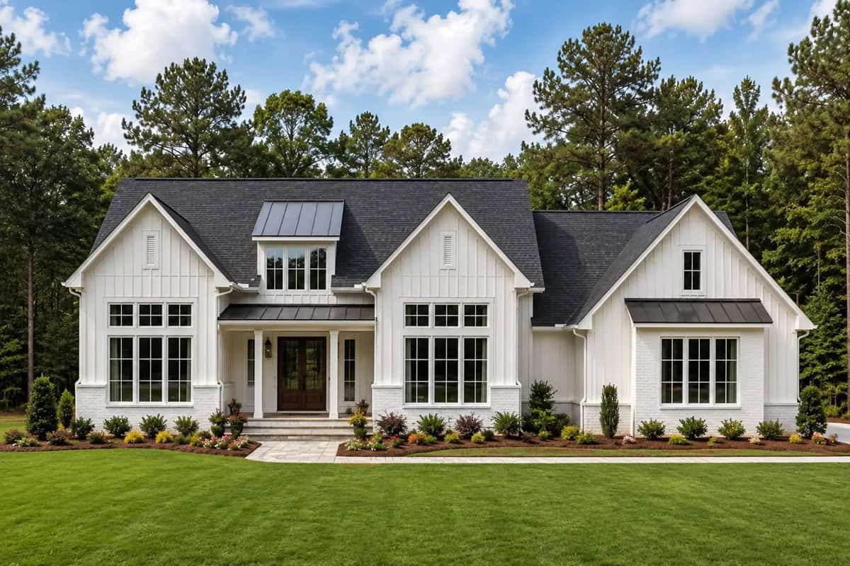 Transitional elevation with brick and board-and-batten siding, gable roofline, and covered entry porch. 3 beds, 3.5 baths, 2,688 sq ft - Plan #142-1584
