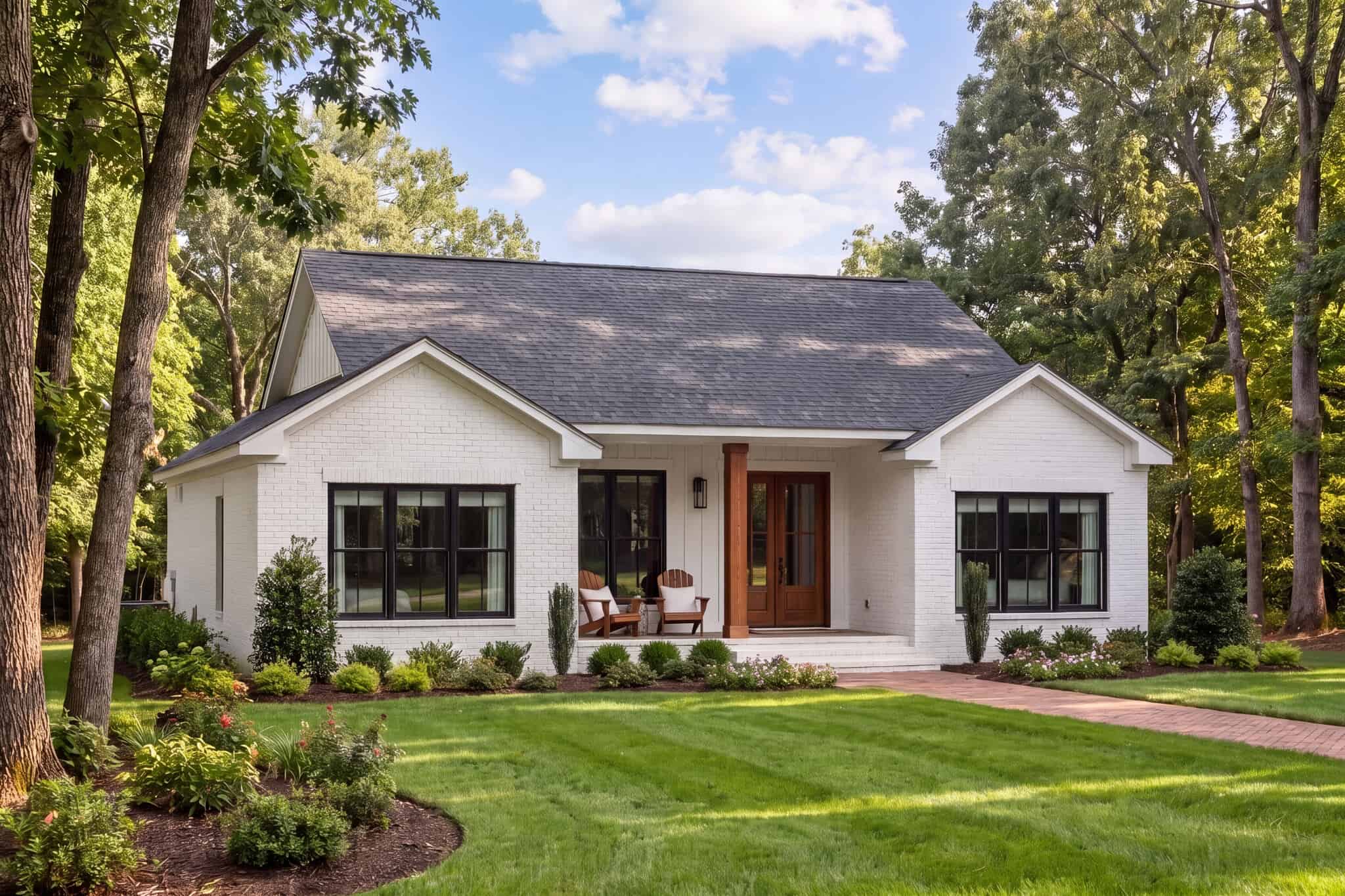 A modern cottage farmhouse with covered entry porch, board-and-batten siding, and brick foundation. 3 beds, 1,349 sq ft - Plan #142-1585.