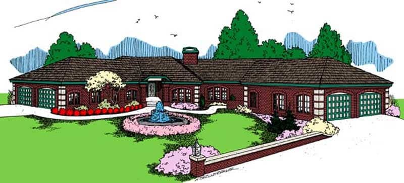 Front view of Ranch home (ThePlanCollection: House Plan #145-1499)