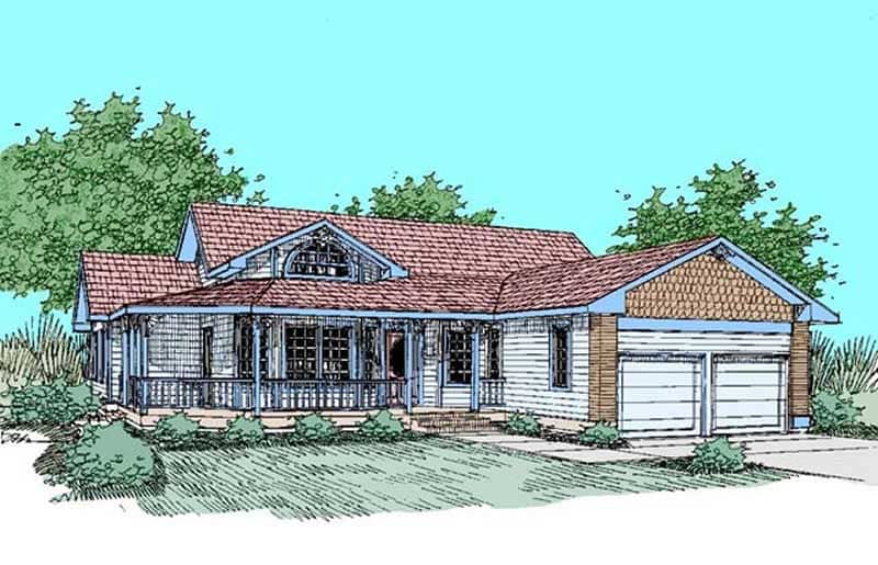 Front view of Prairie home (ThePlanCollection: House Plan #145-2042)