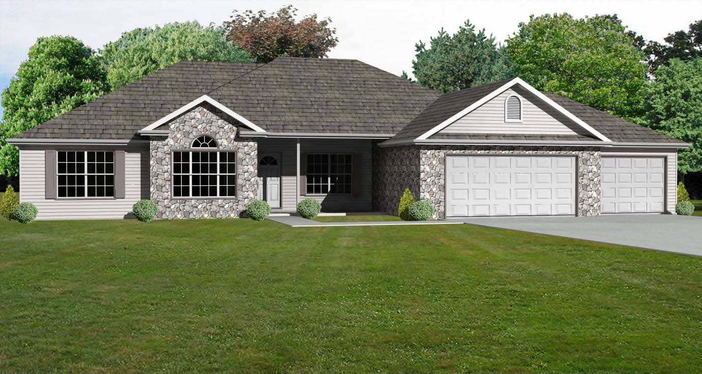 This is the front elevation of these Ranch House Plans.