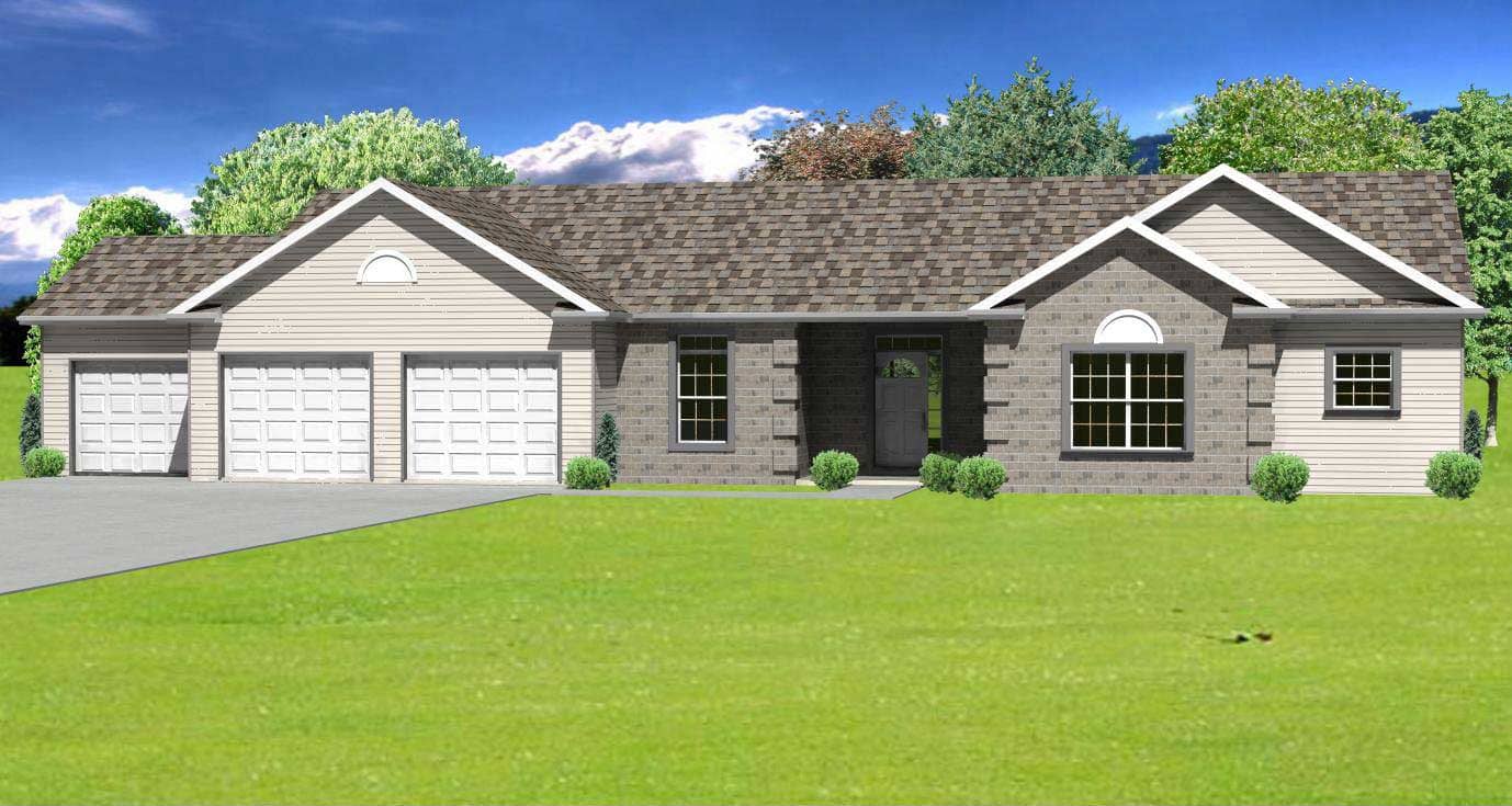 This image is a 3D computer rendering of these European Ranch Houseplans.
