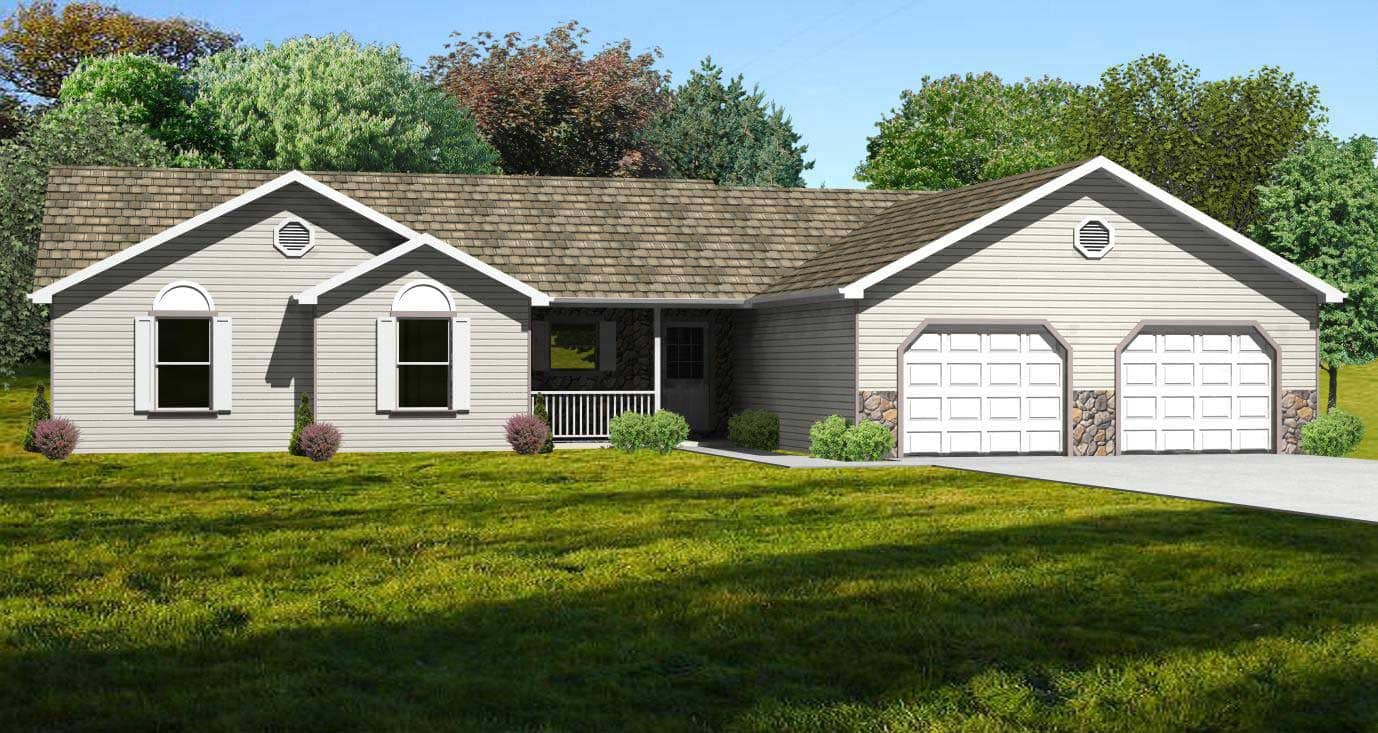 This is a colorful computerized rendering of these Traditional Ranch House Plans.