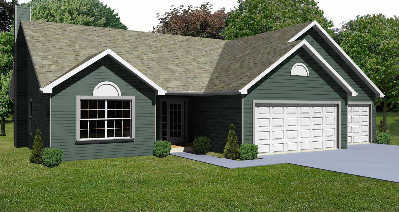 This image shows the front elevation of these Ranch House Plans.
