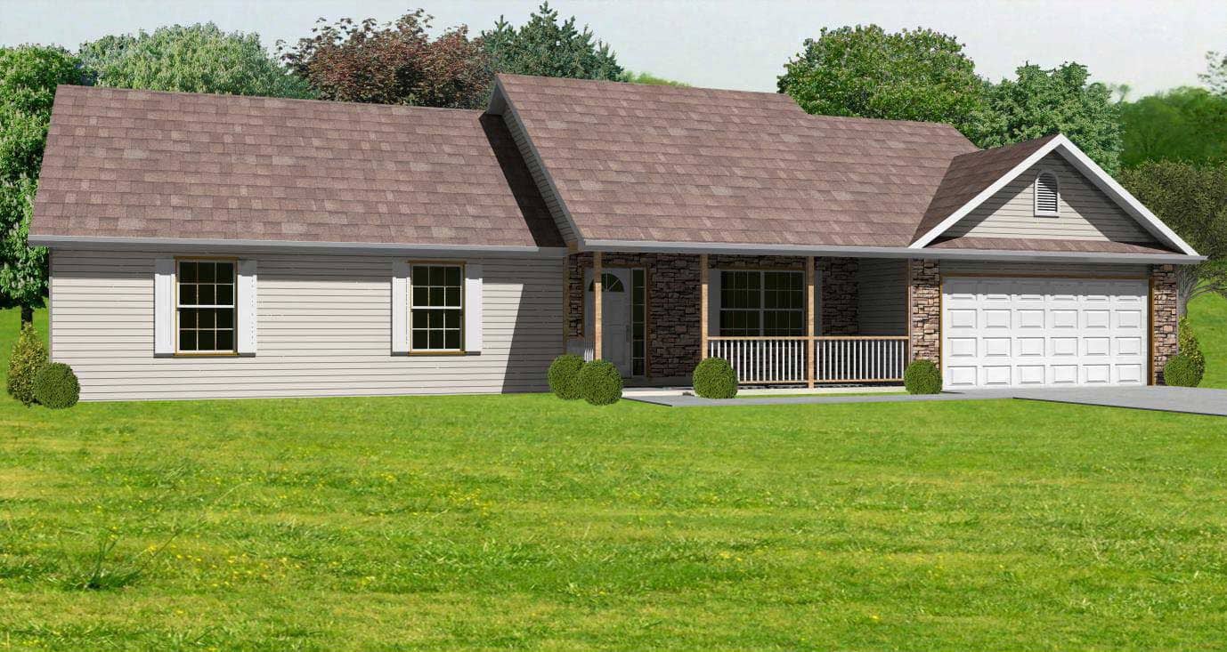 This is a computer rendering of these Ranch House Plans.