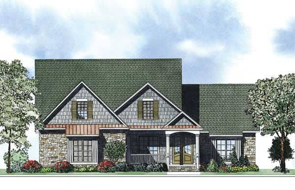 This is the front elevation of these colorful Craftsman House Plans