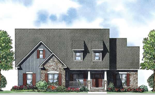 This is the front elevation for these Traditional Craftsman House Plans.