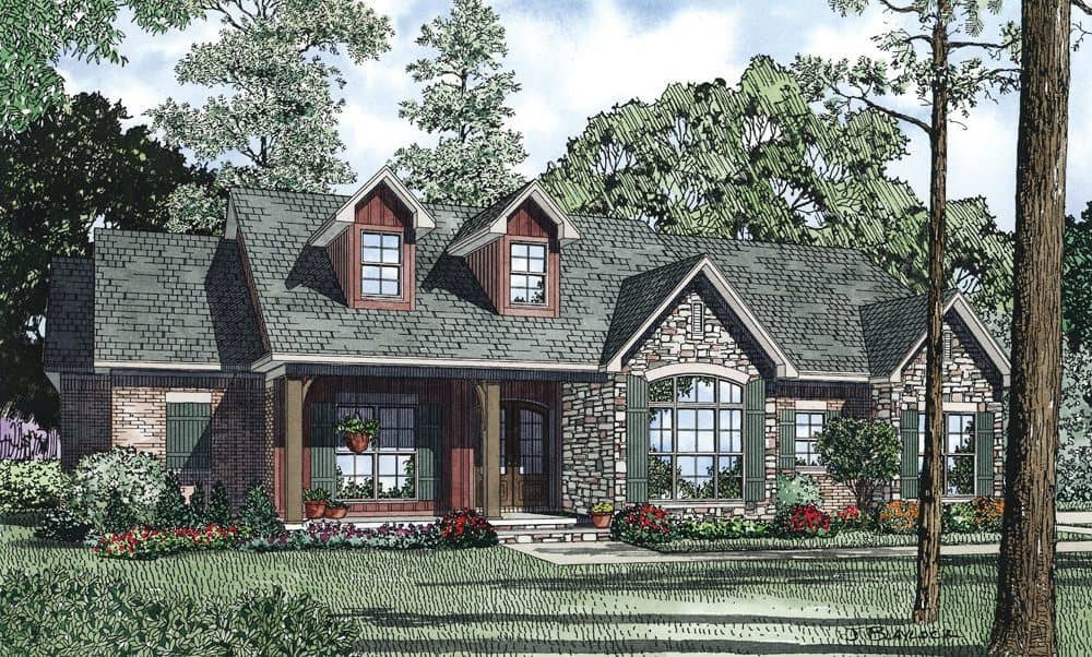 This is the front elevation for these Craftsman House Plans.