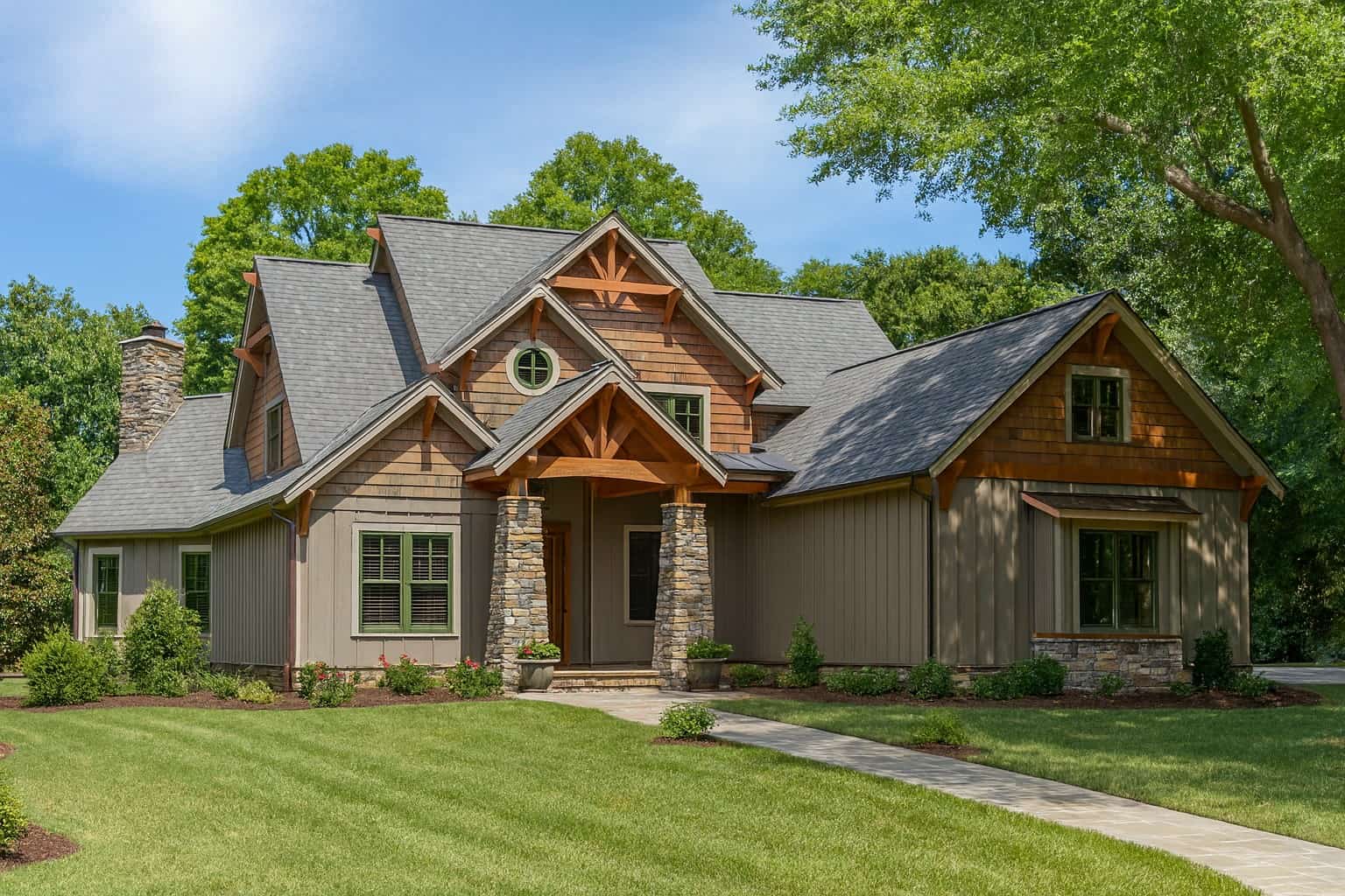 This is the front elevation for these Craftsman House Plans.