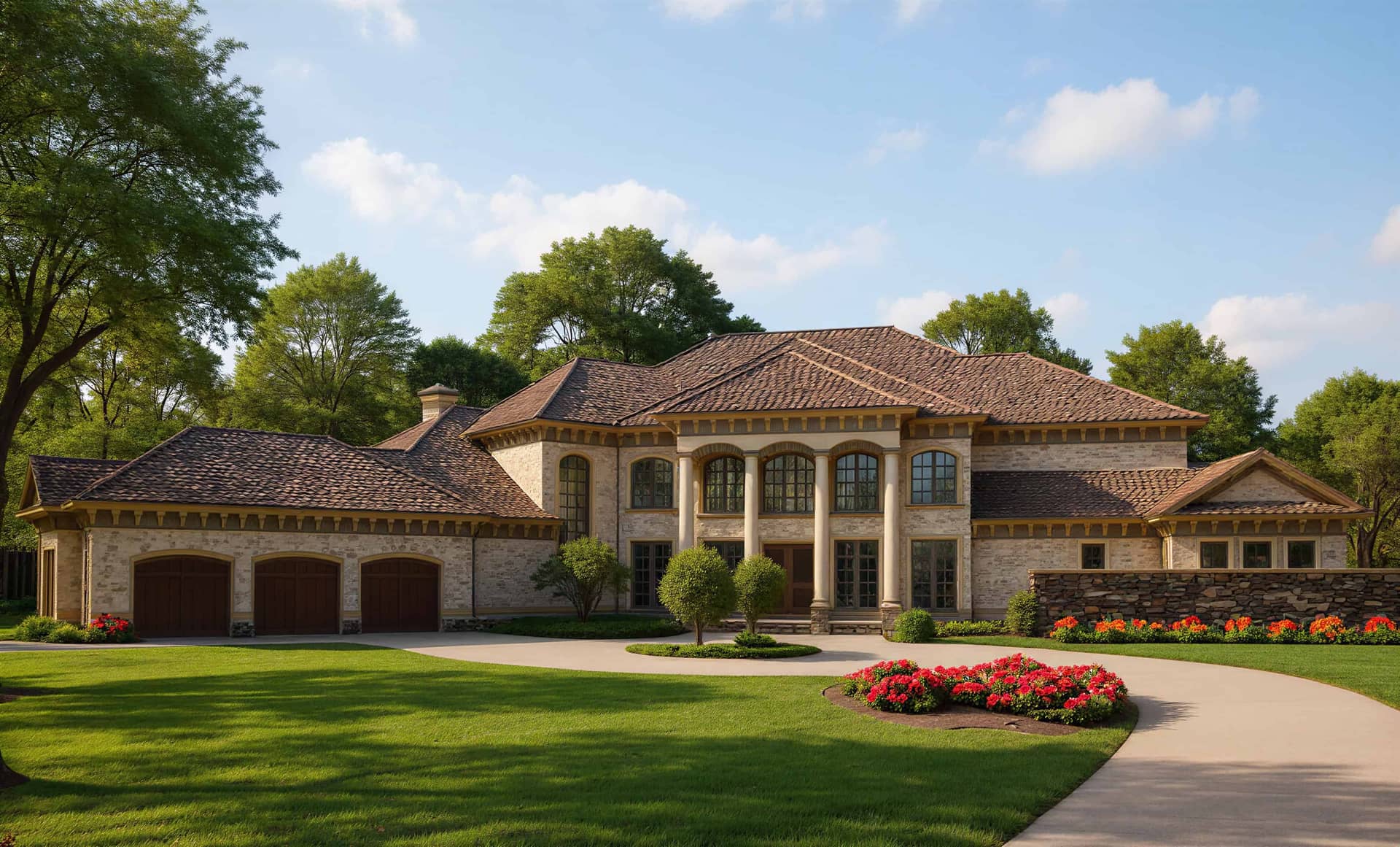 Front elevation of Plan 8484 showing a stately Mediterranean-style mansion with stucco exterior, arched windows/doors, a covered lanai, and roof-lines with hip-style roofing — capturing the grandeur and curb appeal of this luxury estate.