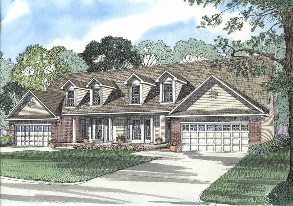 Front elevation of duplex home (ThePlanCollection: House Plan #153-1232)