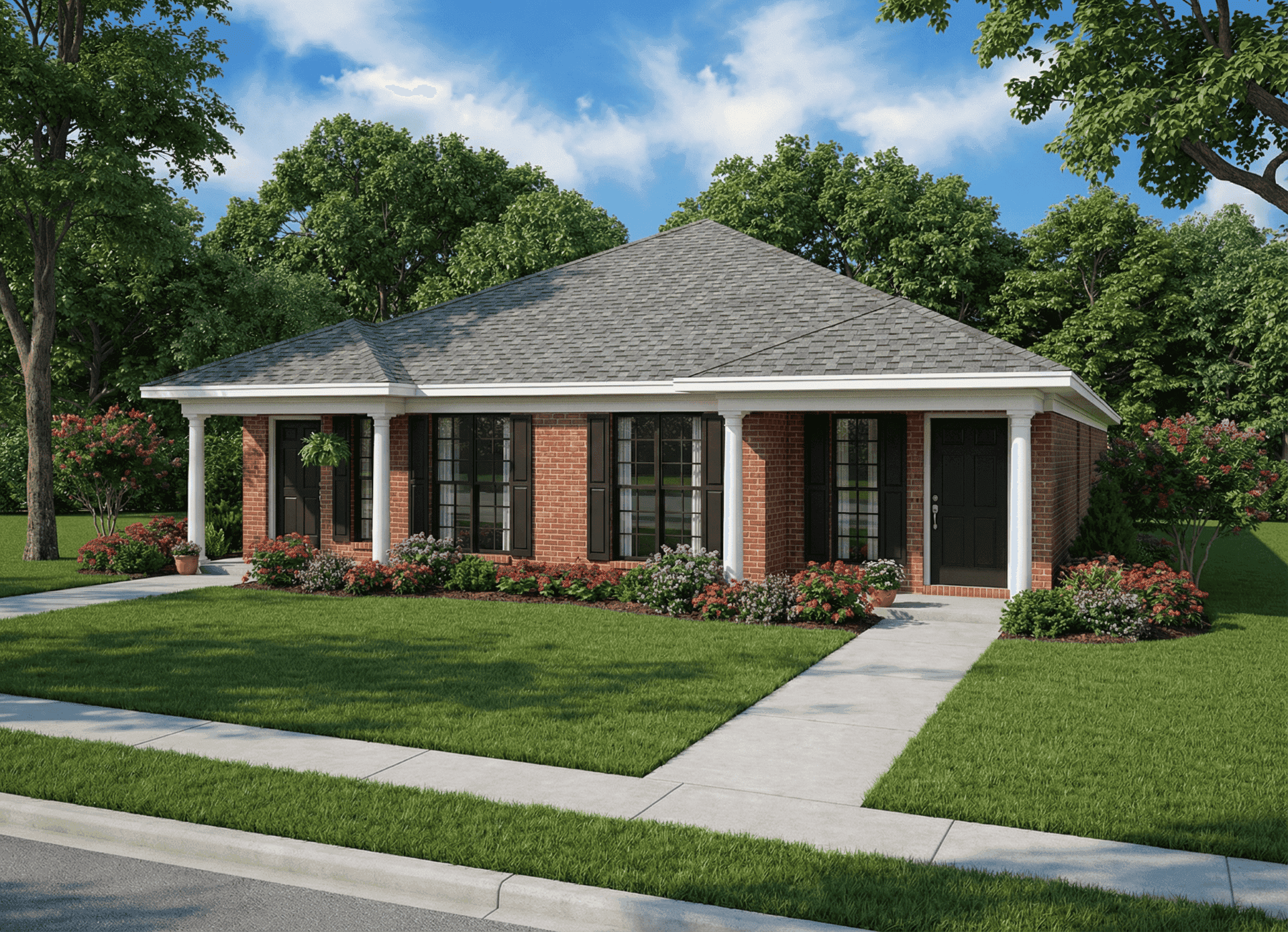 Front elevation of duplex ranch-style home (ThePlanCollection: House Plan #153-1324)