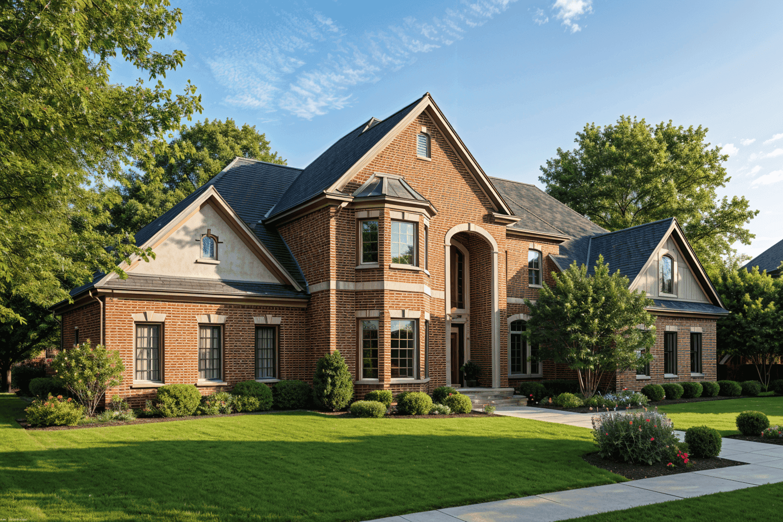 Front elevation of a stately French-style 5-bedroom, 4461-square-foot home with classic brick exterior, steep-pitched rooflines, and balanced symmetrical windows — showcasing its timeless European-inspired curb appeal.