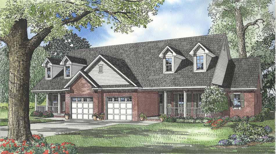 Front elevation of duplex home (ThePlanCollection: House Plan #153-1576)