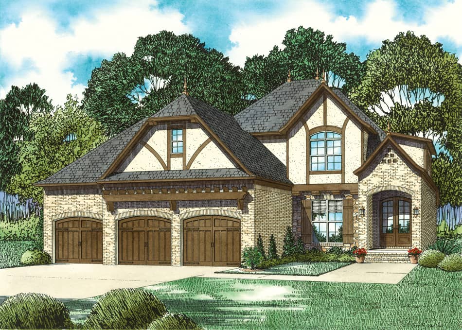 Color rendering of European home plan (ThePlanCollection: House Plan #153-2065)