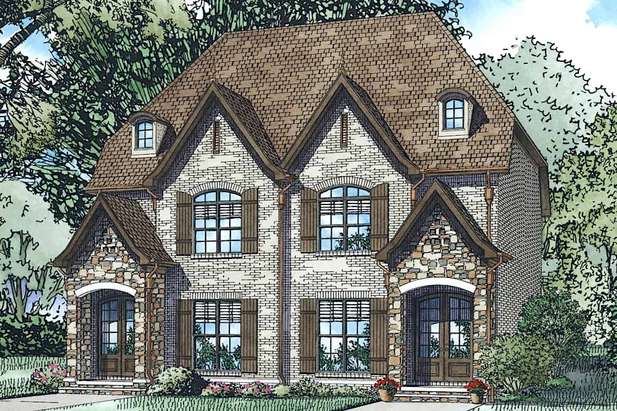 Front elevation of European home (ThePlanCollection: House Plan #153-2104)