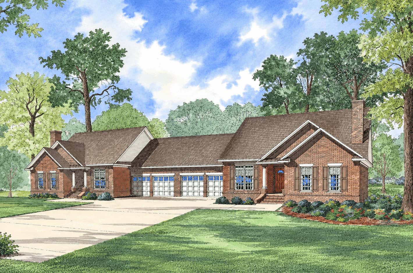 Traditional brick duplex featuring covered front porches, steeply pitched gable roof, and front-entry garage placement per unit. 3 beds, 1,698 sq ft - Plan #153-2135