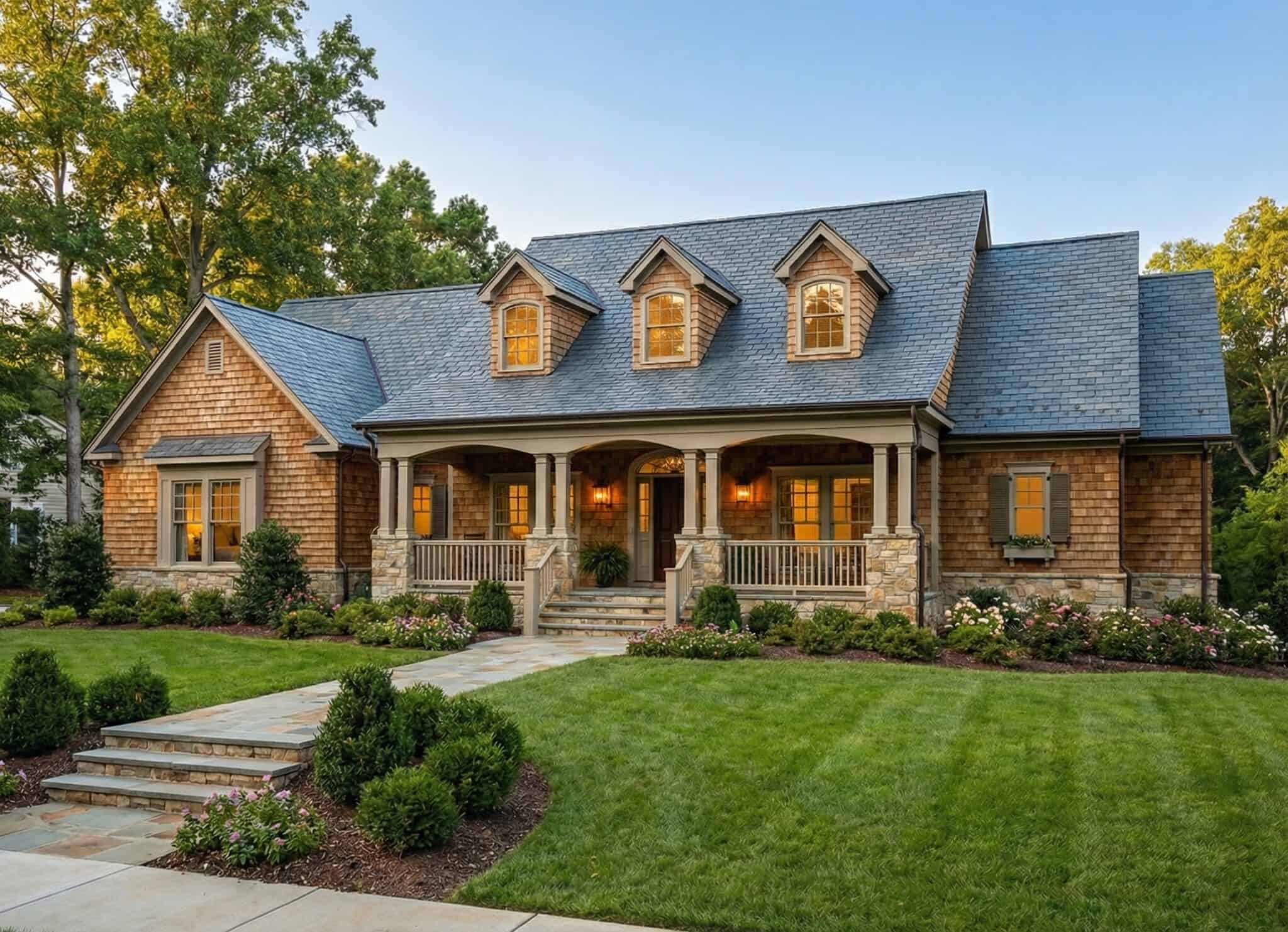 Country facade with stone and shake siding, a steep 10/12 roof pitch, and a covered front porch. The open floor plan connects kitchen, dining, and great room spaces under 9-foot ceilings. 4 beds, 3 baths, 2,373 sq ft - Plan #153-2138