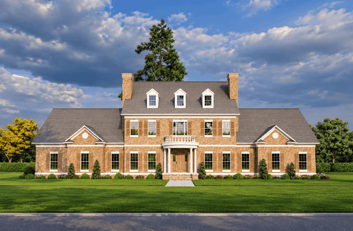 Brick French Colonial facade with formal portico entry, symmetrical shuttered windows, gable-and-dormer roofline, and side-entry 3-car garage. 4 beds, 5.5 baths, 4,996 sq ft - Plan #153-2140