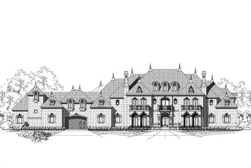 This breathtaking 8-bedroom French-style estate plan (#156-2307) features exquisite stonework, refined rooflines, and a stately presence that embodies timeless European elegance