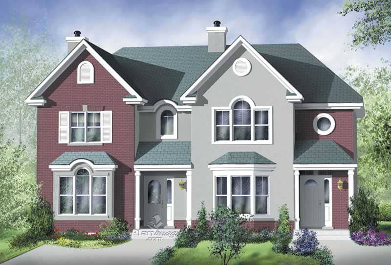 Front view of traditional 3-bedroom duplex with shared covered porch (House Plan #157-1001)