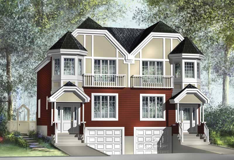 Front elevation of Duplex/Multi-Unit home (ThePlanCollection: House Plan #157-1013)