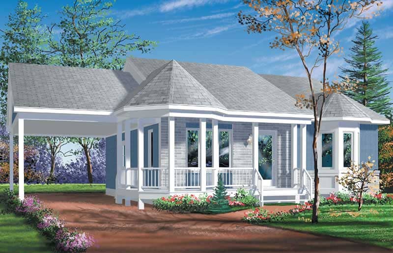 This delightful 2-bedroom country home plan (#157-1308) features a wraparound porch, bay window in the primary bedroom, and a charming country façade ideal for narrow lots.