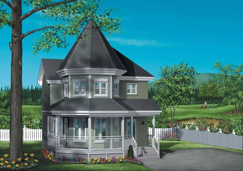 Front elevation of small Victorian farmhouse plan (ThePlanCollection: House Plan #157-1310)