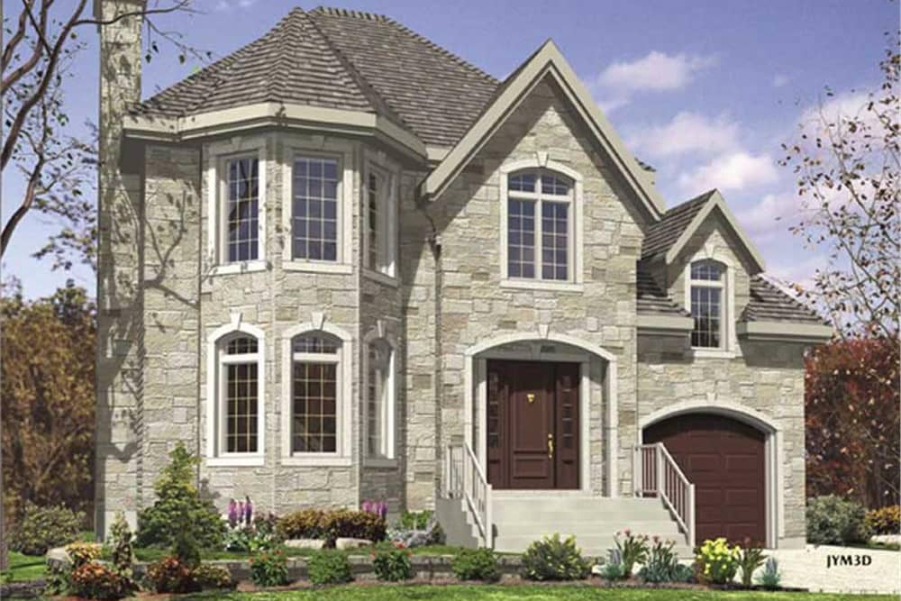 Color rendering of European home plan (ThePlanCollection: House Plan #158-1053)