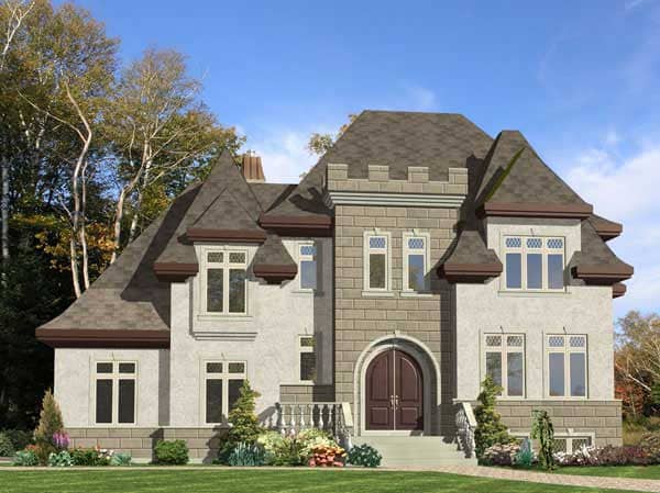 This image shows the front elevation for these European castle House Plans.