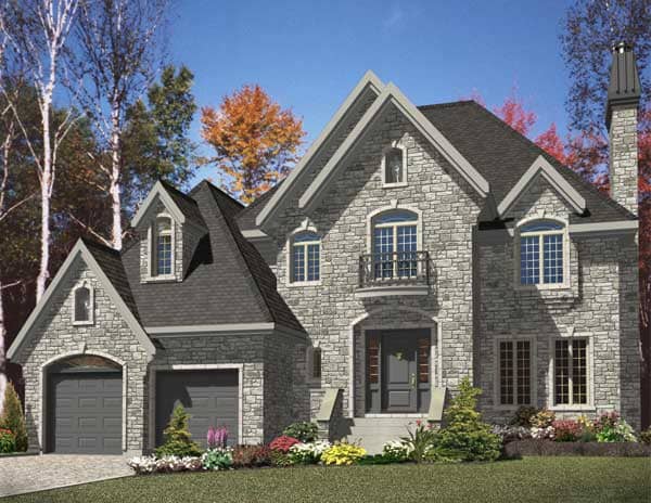 This is the front elevation for these Traditional European Home Plans.