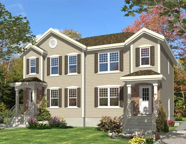 This is the front elevation for these Multi-Unit House Plans.