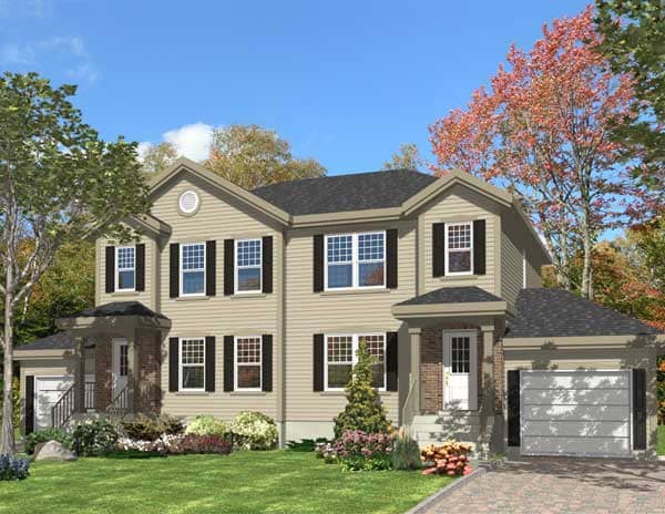 This is the front elevation for these Multi-Unit House Plans.