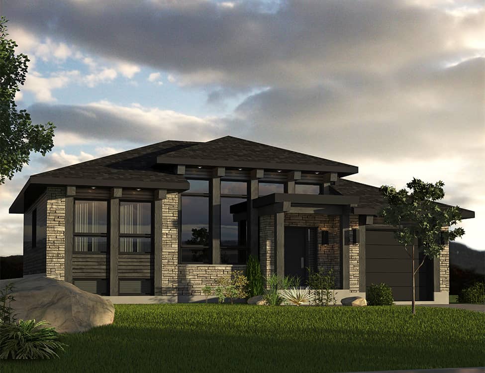 Front elevation of contemporary Prairie home (ThePlanCollection: House Plan #158-1301)