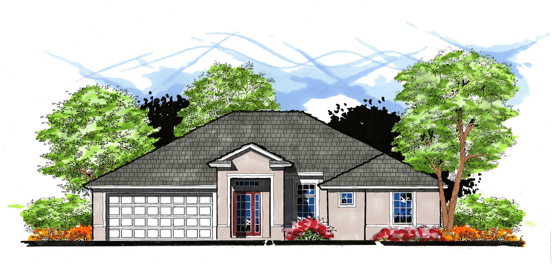This image shows the front elevation for these Mediterranean Home Plans.