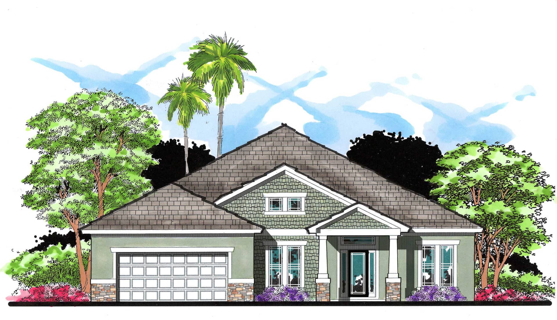 This is the front elevation for these Craftsman Home Plans.