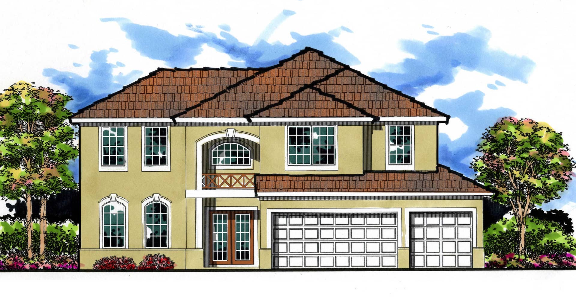 This is the front elevation for these Mediterranean House Plans.
