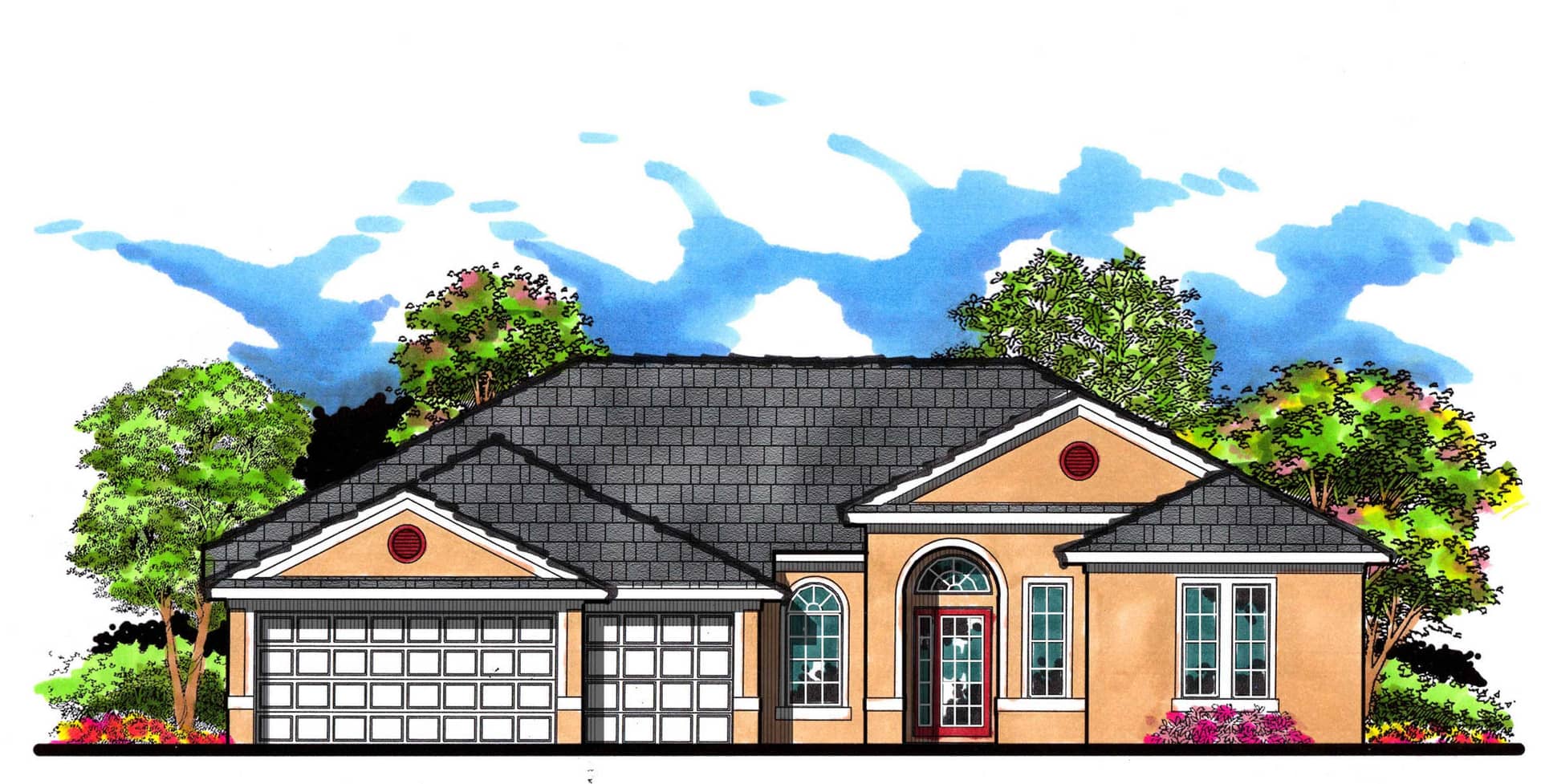 This is an artist's rendering of these Traditional Ranch House Plans.