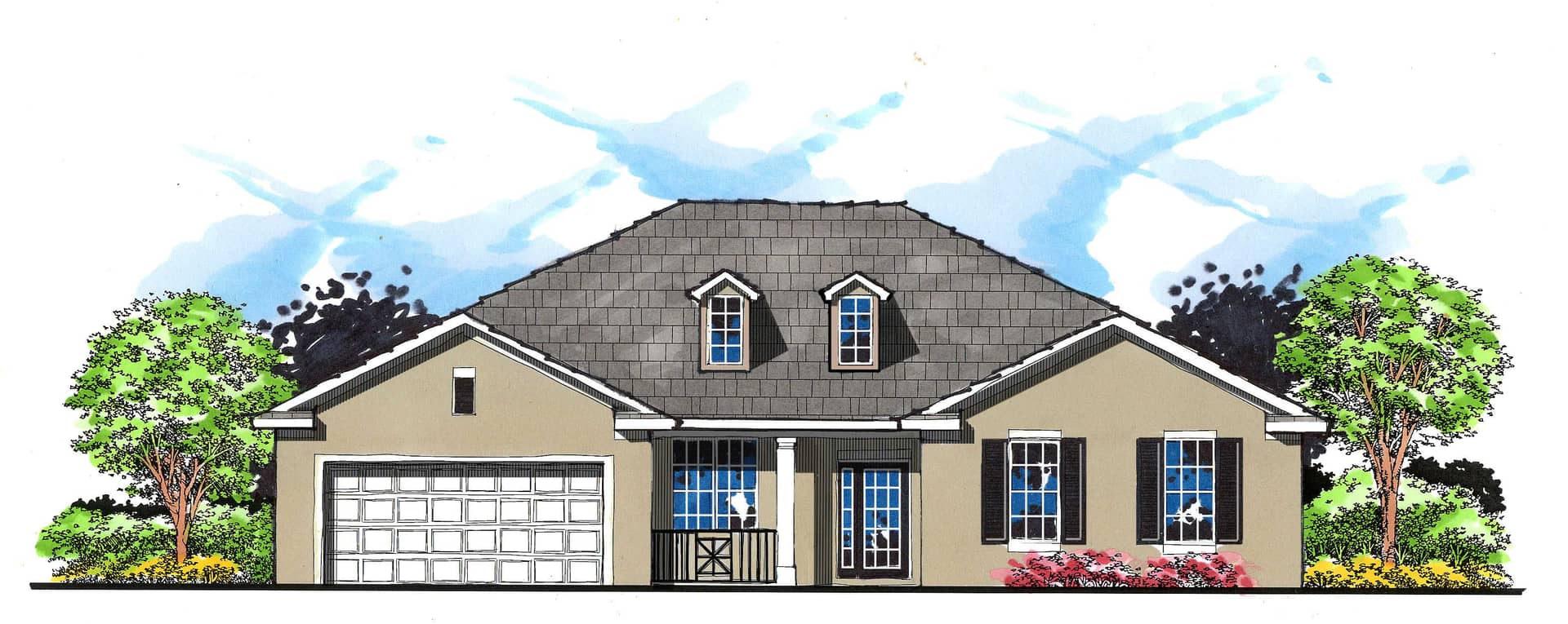 This is the front elevation for these Ranch House Plans.
