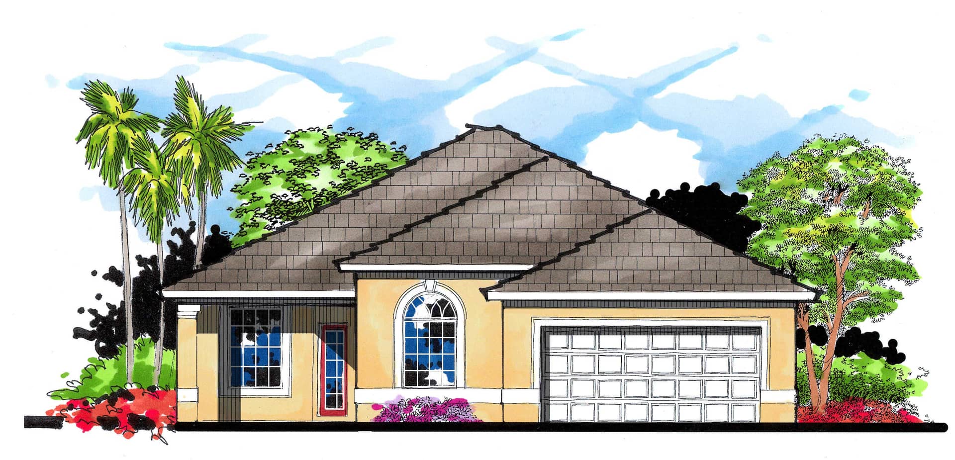 This is the front elevation for these Mediterranean Home Plans.