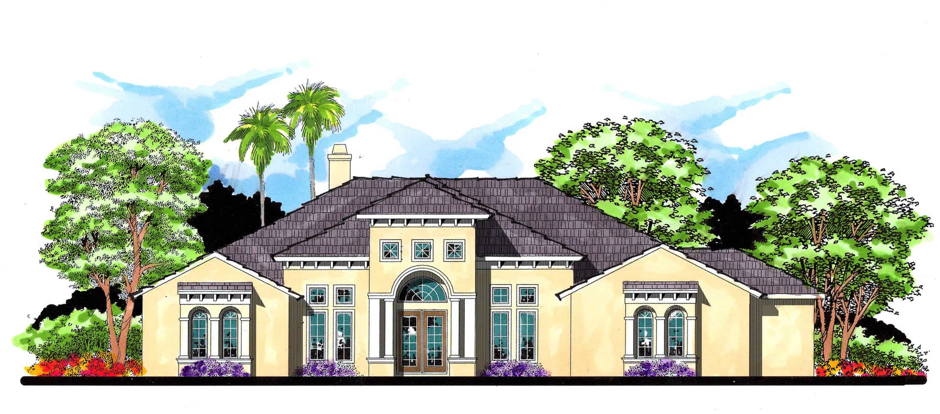 This is the front elevation for these European Home Plans.