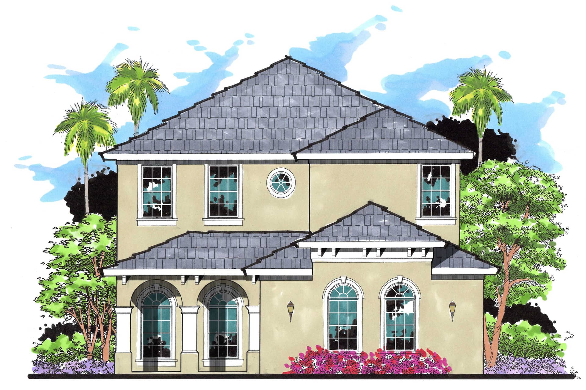 This is the front elevation for these Mediterranean Home Plans.