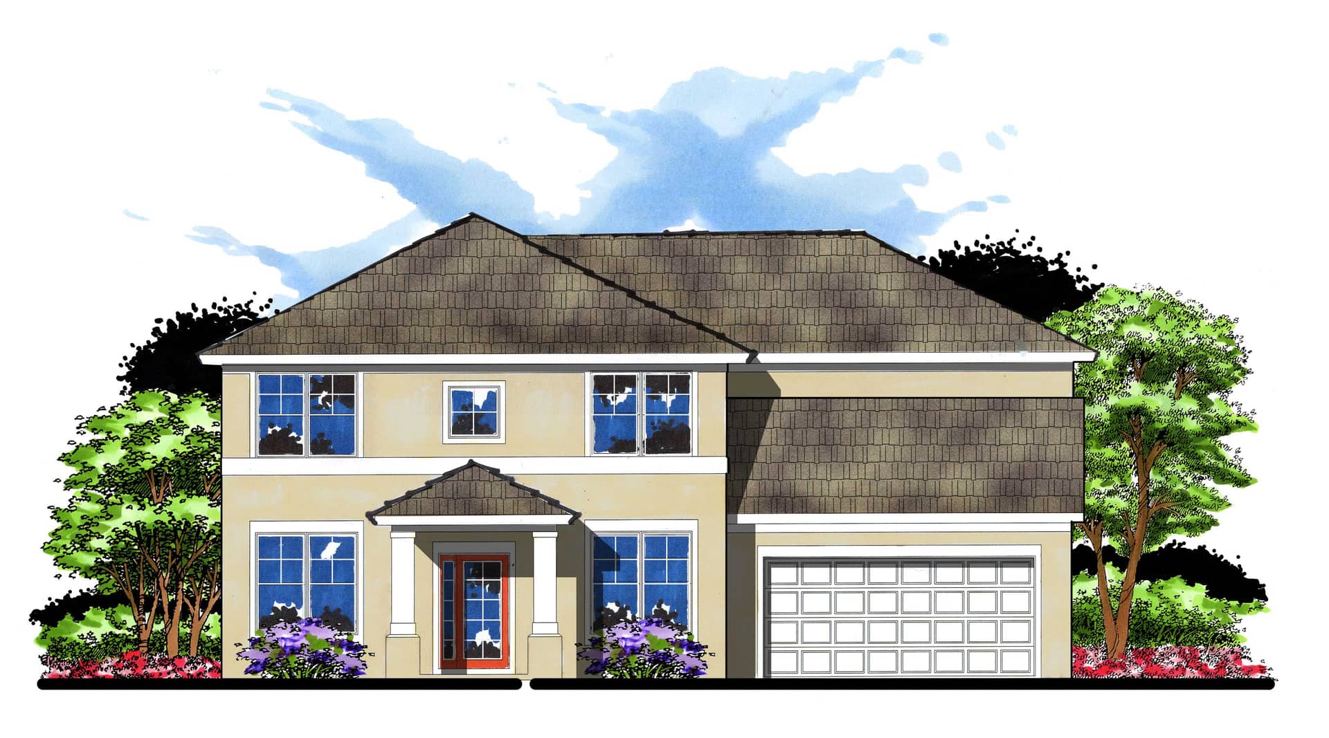 This is the front elevation for these Traditional Home Plans.