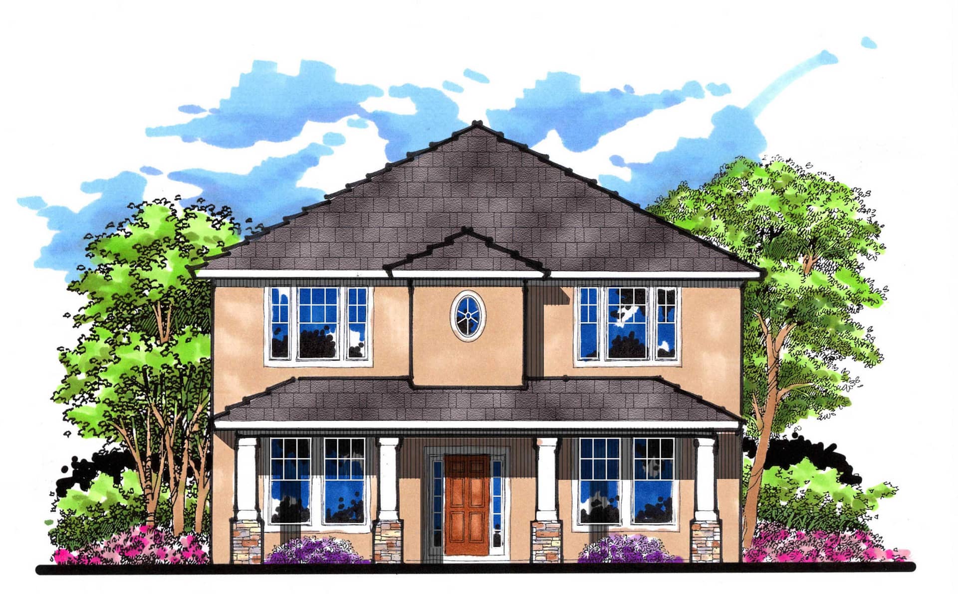 This is the front elevation for these Tuscan Home Plans.
