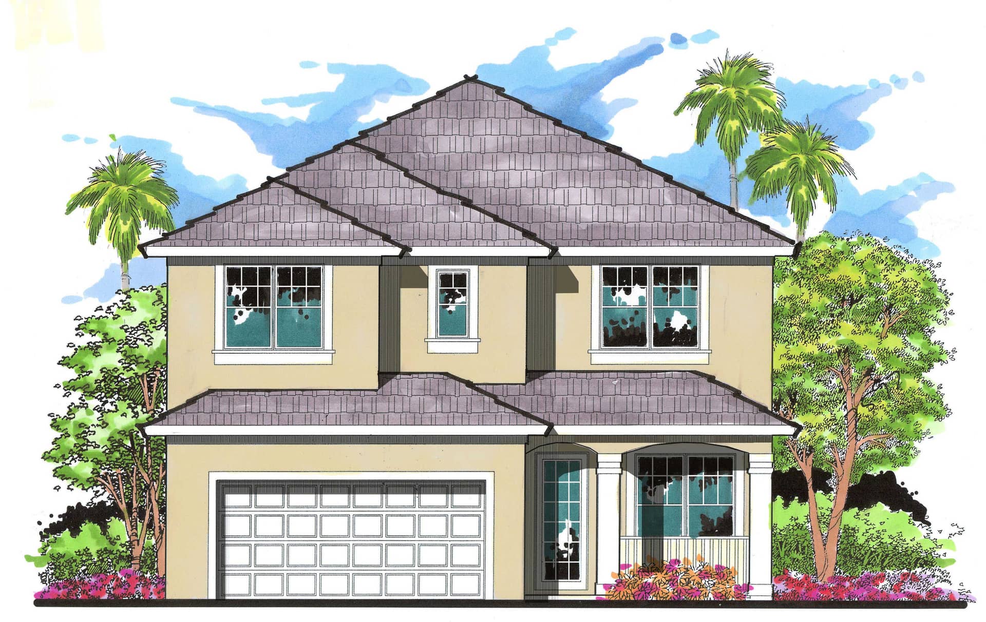 This is the front elevation for these Mediterranean House Plans.