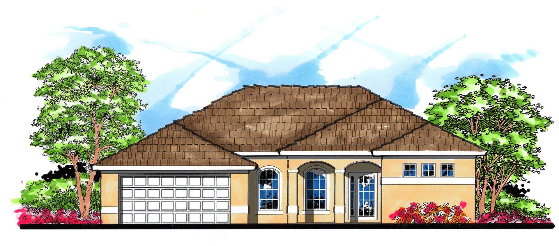 This is the front elevation for these Mediterranean Home Plans.