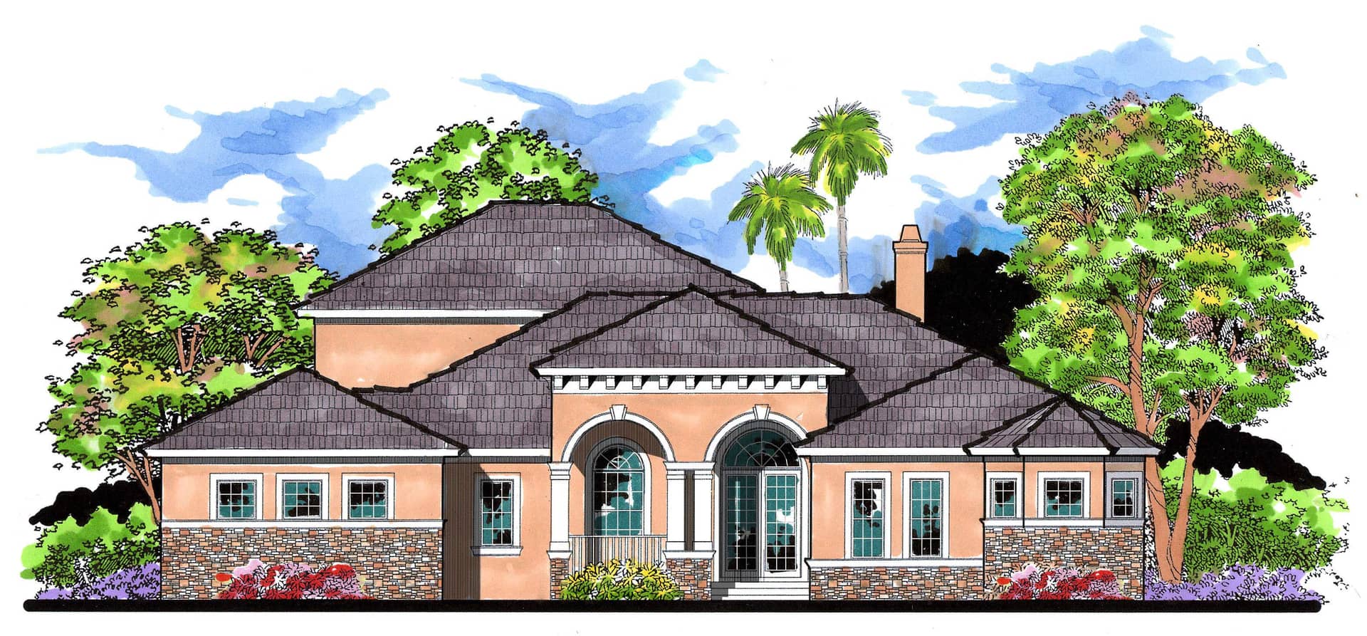 This is the front elevation for these Mediterranean Home Plans.
